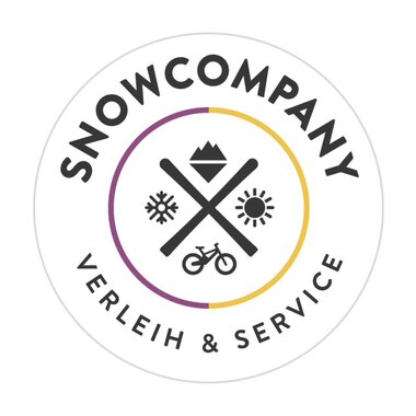 A round logo with the name "SNOWCOMPANY". It features symbols for skiing, sunshine, and bicycles, as well as the addition "Rental & Service".