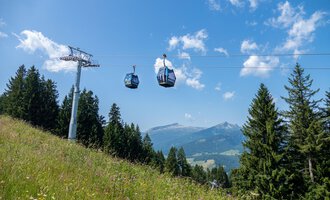 A cable car glides over a green meadow with trees in the background. The sky is blue with some white clouds. | © OBERSTDORF · KLEINWALSERTAL BERGBAHNEN