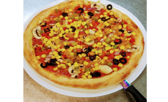 A delicious pizza with colorful vegetables, including corn, bell peppers, and olives. The crispy crust and rich toppings invite you to enjoy.
