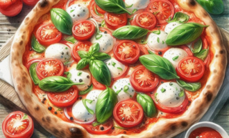 A fresh pizza with tomatoes, mozzarella, and basil. Next to it is a small bowl of tomato sauce.
