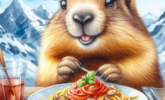 A happy marmot sits at the table and enjoys a plate of spaghetti with sauce. Snow-covered mountains can be seen in the background.