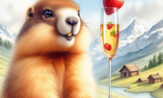 A cute marmot sits on a tree stump and enjoys a glass of sparkling wine with a strawberry. In the background, picturesque mountains and small cottages can be seen.