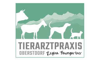 Das Logo einer Tierarztpraxis zeigt eine Reihe von stilisierten Tieren, darunter eine Kuh, eine Ziege, einen Hund und eine Katze. Der Hintergrund ist in verschiedenen Grüntönen gehalten, mit dem Schriftzug "Tierarztpraxis Oberstdorf" darunter.