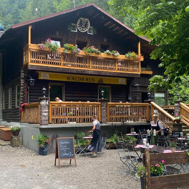 A cozy chalet surrounded by trees. Guests sit on the terrace and enjoy nature. | © Waldhaus | Yvonne Grosse