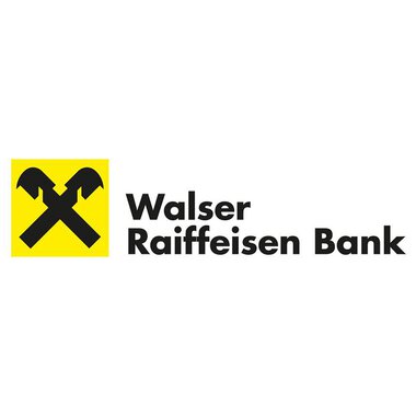 A logo of the Walser Raiffeisen Bank with a yellow background and two crossed tools. The lettering is in black and describes the name of the bank. | © Walser Raiffeisen Bank AG Logo