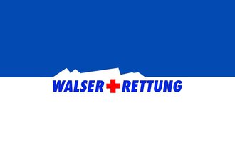 A logo of the Walser Rescue with a blue background. It features the lettering "WALSER + RETTUNG" in red and white letters. | © Walser Rettung Logo