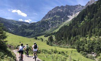 A group of cyclists is riding through a picturesque mountain landscape. The green meadows and the majestic mountains create a beautiful atmosphere. | © WalserBike Tours | Christian Gutermuth