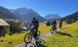 Three cyclists ride on a path through a green landscape with mountains in the background. The sky is clear and blue. | © WalserBike Tours | Christian Gutermuth