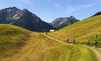 A picturesque landscape with gentle hills and tall mountains in the background. Several cyclists are riding on a narrow path through the green meadow. | © WalserBike Tours | Christian Gutermuth