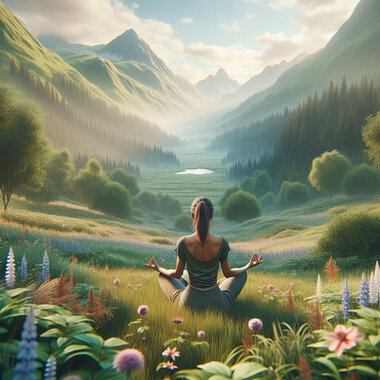 A woman sits in the grass and meditates in a picturesque mountain landscape. Behind her, green valleys and majestic mountains stretch out under a clear sky. | © Achtsamkeit Bild KI erstellt