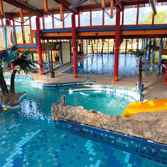 A colorful indoor swimming pool with various pools and a tropical atmosphere. Palms and rocks create a relaxing ambiance. | © WONNEMAR