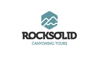 A logo of "Rocksolid Canyoning Tours". It features stylized mountains and water waves in a modern font.