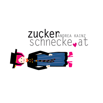 A stylized logo featuring a figure in traditional clothing and a top hat. The text "zucker schnecke" and the name "Andrea Kainz" are clearly visible.