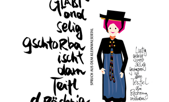 A colorful illustration of a person in traditional clothing with a headpiece. Next to it, there is a humorous saying in stylized script.